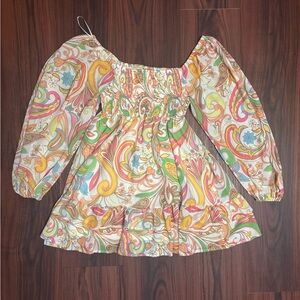 Flying Tomato Large Smocked Dress White Multicolored 70s Floral Long Sleeves